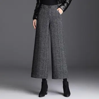 Pantalon à carreaux simple pour femme, ample, taille élastique, jambes larges, vêtements assortis avec poches, longueur cheville, automne et hiver