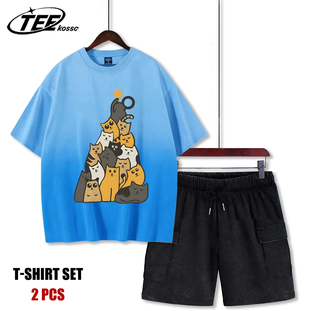 

Милый комплект из футболки с принтом «Звездные коты» в стиле тай-дай и шорт для мужчин, летний, из мягкого хлопка, с круглым вырезом, унисекс, модный, свободный крой