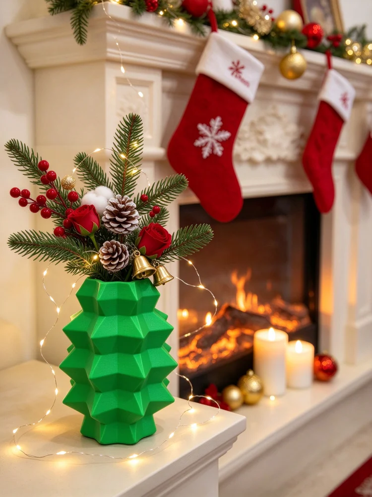 Pla Material 3D Printed Flower Vase, Green Geometric Christmas Tree Shape, Layered Pointed Design, Mini Christmas Holiday Flower Vessel, Small Tabletop Centerpiece Decoration, Suitable for Home, Living Room, Dining Table, Fireplace, Entryway, Christmas Decoration Vase, Green Geometric Holiday Vase, Creative Decorations for a Warm Holiday Home Atmosphere