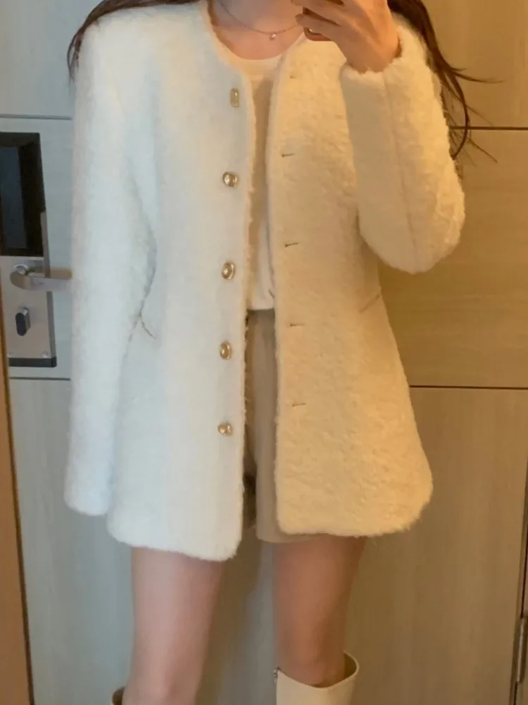 

Korean Style Elegant Woman Coat Slim Waist O Neck Single Breasted Long Sleeve Outerwear 2025 Casual Office Lady Female Clothes
