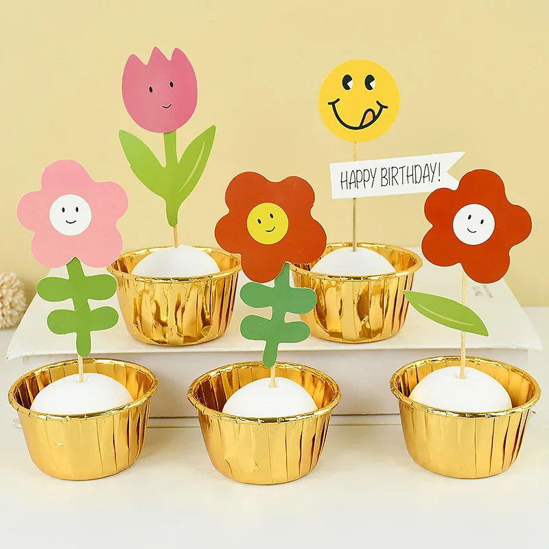 

Flower Cupcake Toppers Kids Baby Shower Happy Birthday Cupcake Toppers DIY Party Dessert Cake Decoration Cake Flag Supplies