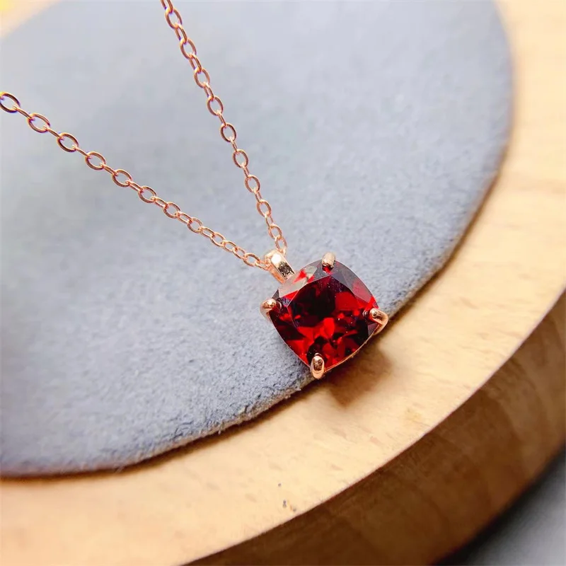 

925 Sterling Silver Natural Real Garnet 8x8mm Genuine Necklace Pendant Women Bride with Free Certificate