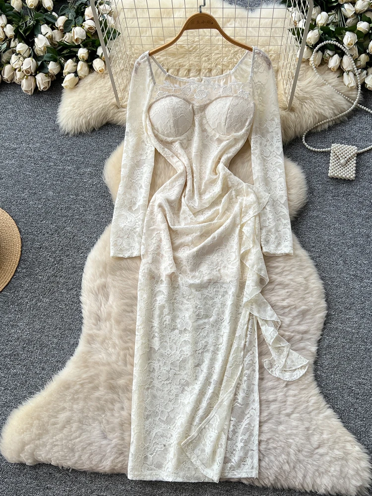 Ele Lace Long Sve Wrap Bodycon Dr. Kleid mit quadratischem Kragen für Damen, Herbst-Design, geteilter A-Linien-Rock mit hoher Taille Dr