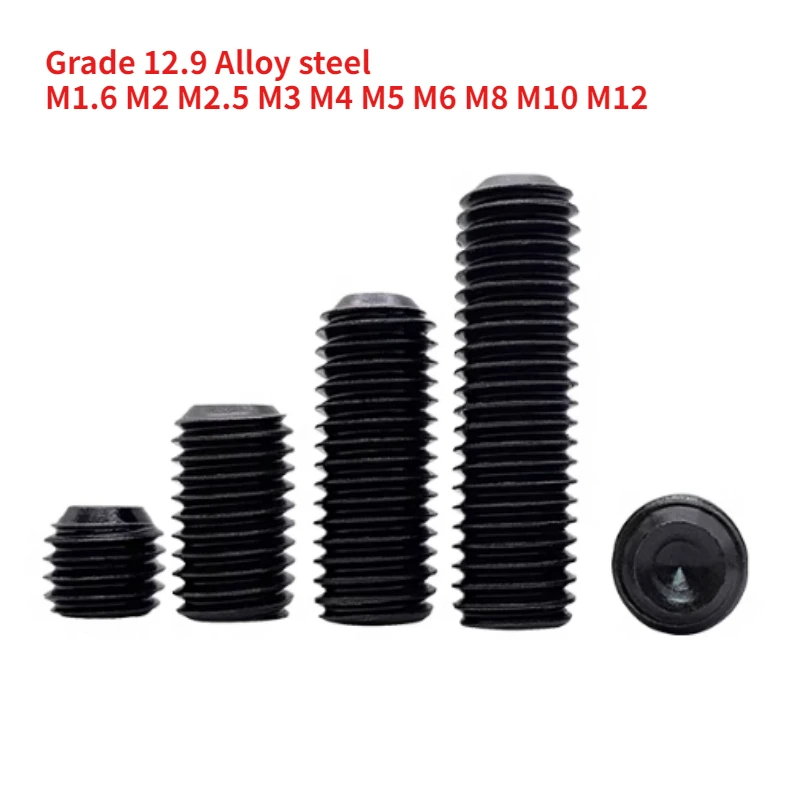 20-500pcs M1.6 M2 M2.5 M3 M4 M5 M6 M8 M10 M12 Grade 12.9 Concave End Hexagonal Set Screw GB80 Headless Machine Screw DIN916