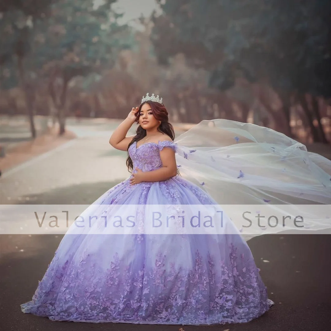 Elegante abito Quinceanera viola Appliques Beads Sweep Train Princess Ball Gown Vestido De 15 quinceaeceras 16 abiti