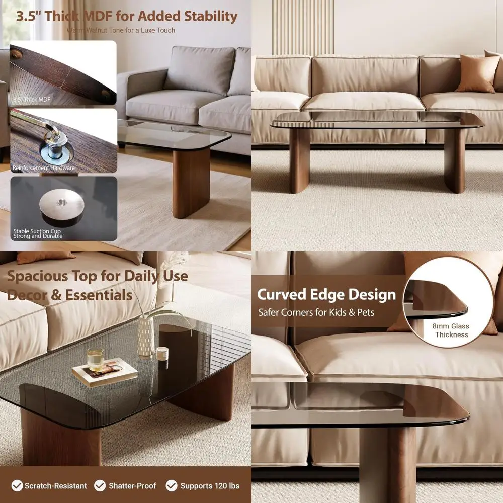 

Modern Walnut Coffee Table: Tempered Glass Top, Sturdy Wooden Base, Ideal for Small Spaces & Minimalist Living