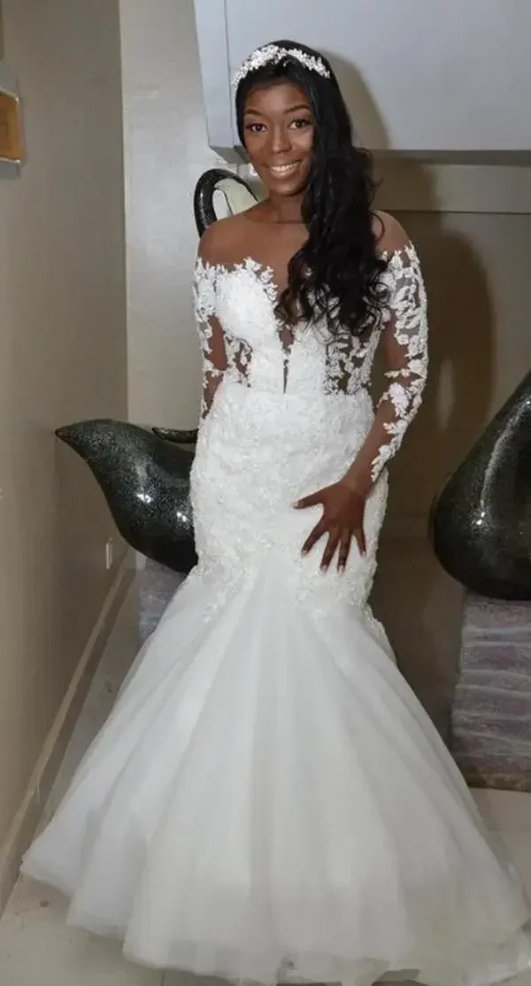 

Customized Mermaid Wedding Dresses 2025 Sheer Neck Long Sleeve Open Back Lace Beaded African Bride Gowns Custom Plus Size Vestid