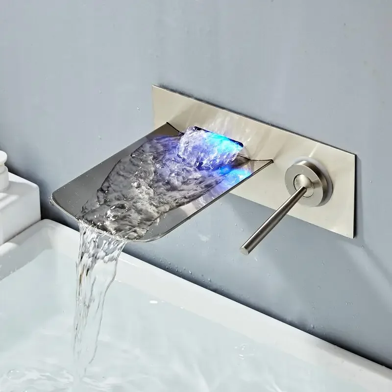 

Bathroom Sink Faucet Wall Mounted Nickel LED Waterfall Mixer Bath Tap Temperature Control LED Chrome Black Finished