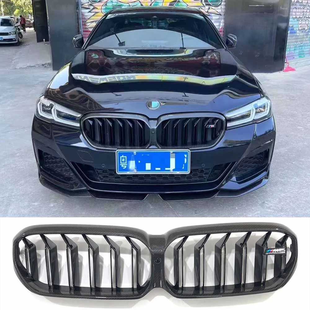 

For The Appearance Kit Of The 2021 BMW 5 Series G30LCI Rear Dry Carbon Fiber Dual Line Grille in Glossy Black Car Grille