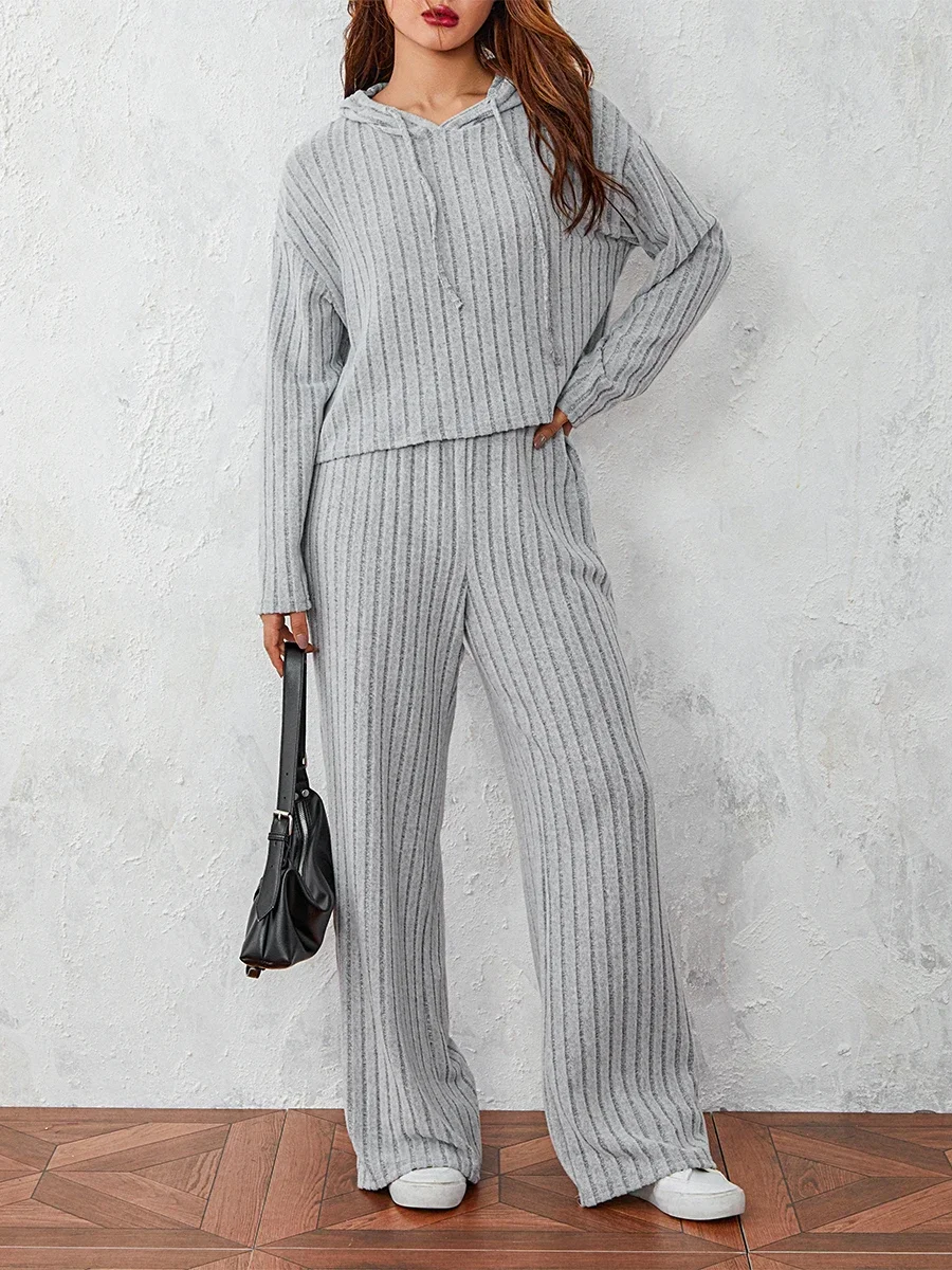 Ribbed casual wear set, long sleeved V-neck 2-piece set, sportswear, pajamas, casual wear