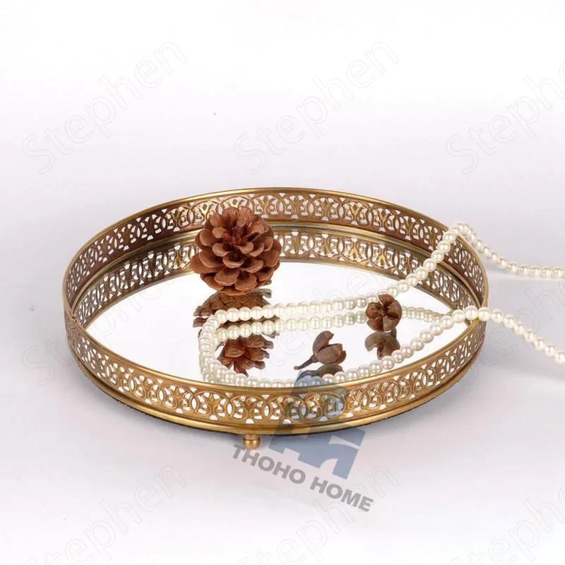 Hollowation Gilded Glass Trays Decorative Nordic Modern Copper Carved Home Coffee Table Tray Tea Cup Wine Storage Display Tray