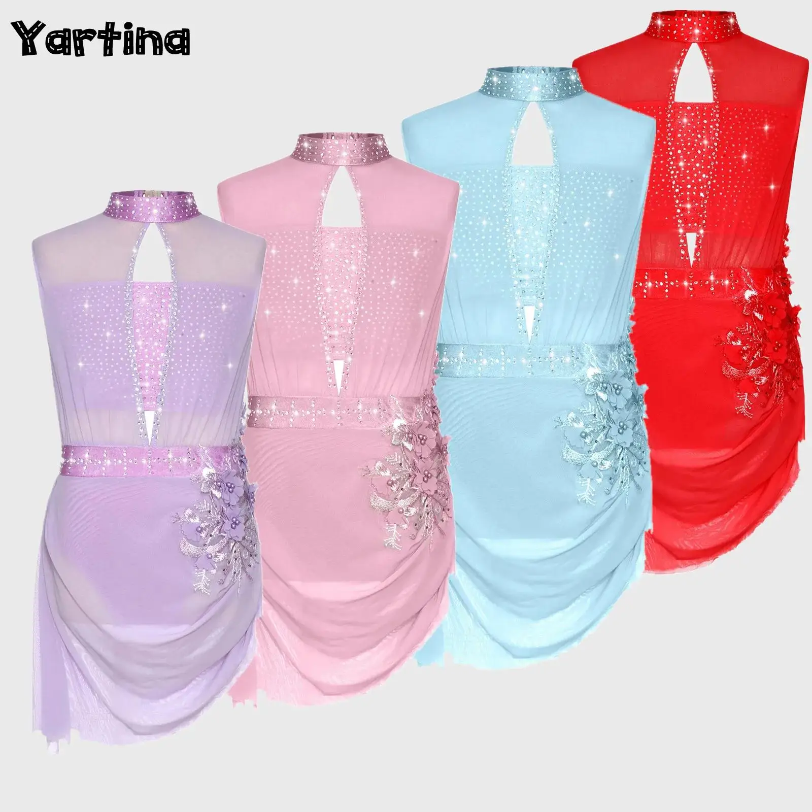Kinder Mädchen Eiskunstlauf Ballett Tanz Performance Kostüm Glänzende Strasssteine Sheer Mesh Lyrical Dance Overlay Kleid Dancewear
