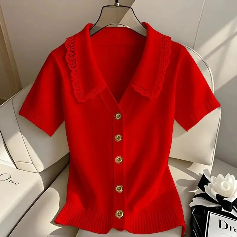 

2025 Summer Elegant White Lace Trim Knit Cardigan Women Short Sleeve V Neck Button Up Tops Sweet Chic French Commuter Shirt