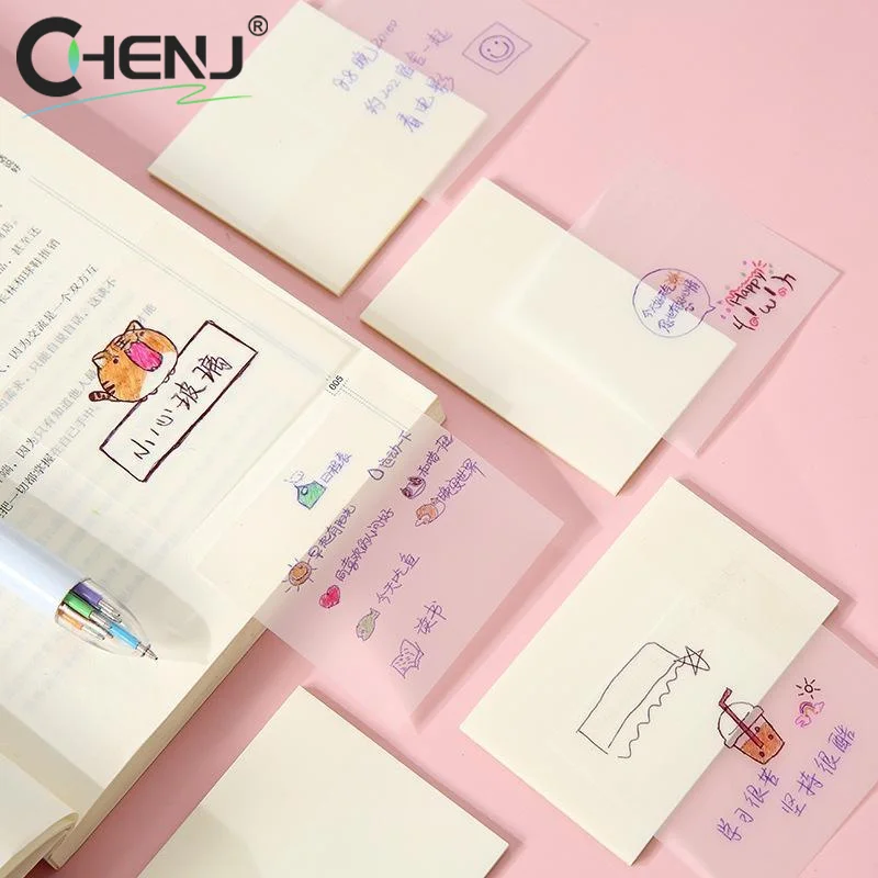 J 50/100 Sheets Transparent Sticky Note Pads Waterproof Self-Adhesive Memo Notepad School Office Supplies Stationery