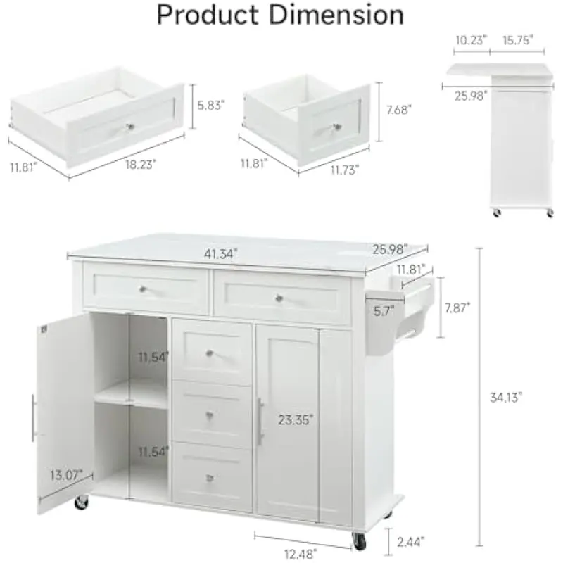 47 inch versatile kitchen island with marble-effect top adjustable shelving 2 cabinets 5 drawers foldable drop-leaf design integ