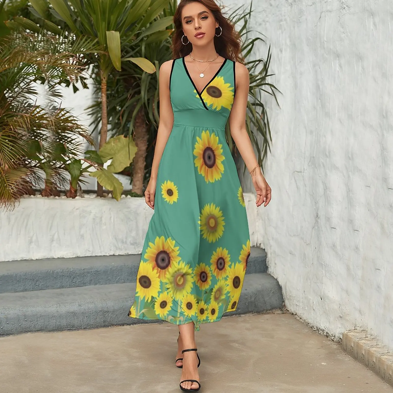 Vestido largo sin mangas con estampado de girasol para mujer, traje elegante de noche, 2024