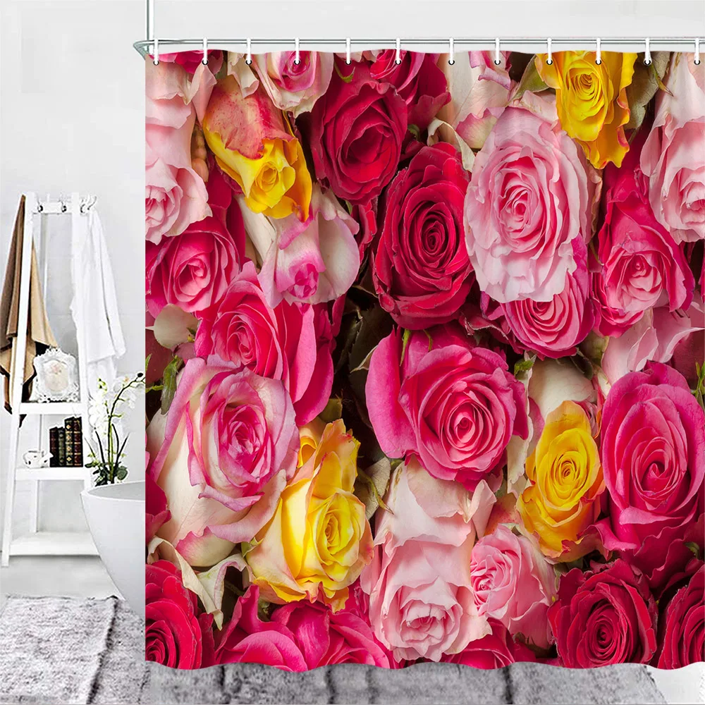 Colorful roses Shower Curtain for Bathroom Decoraction Plant Floral Print Idyllic Rustic style Bathroom Curtain Fabric Cloth