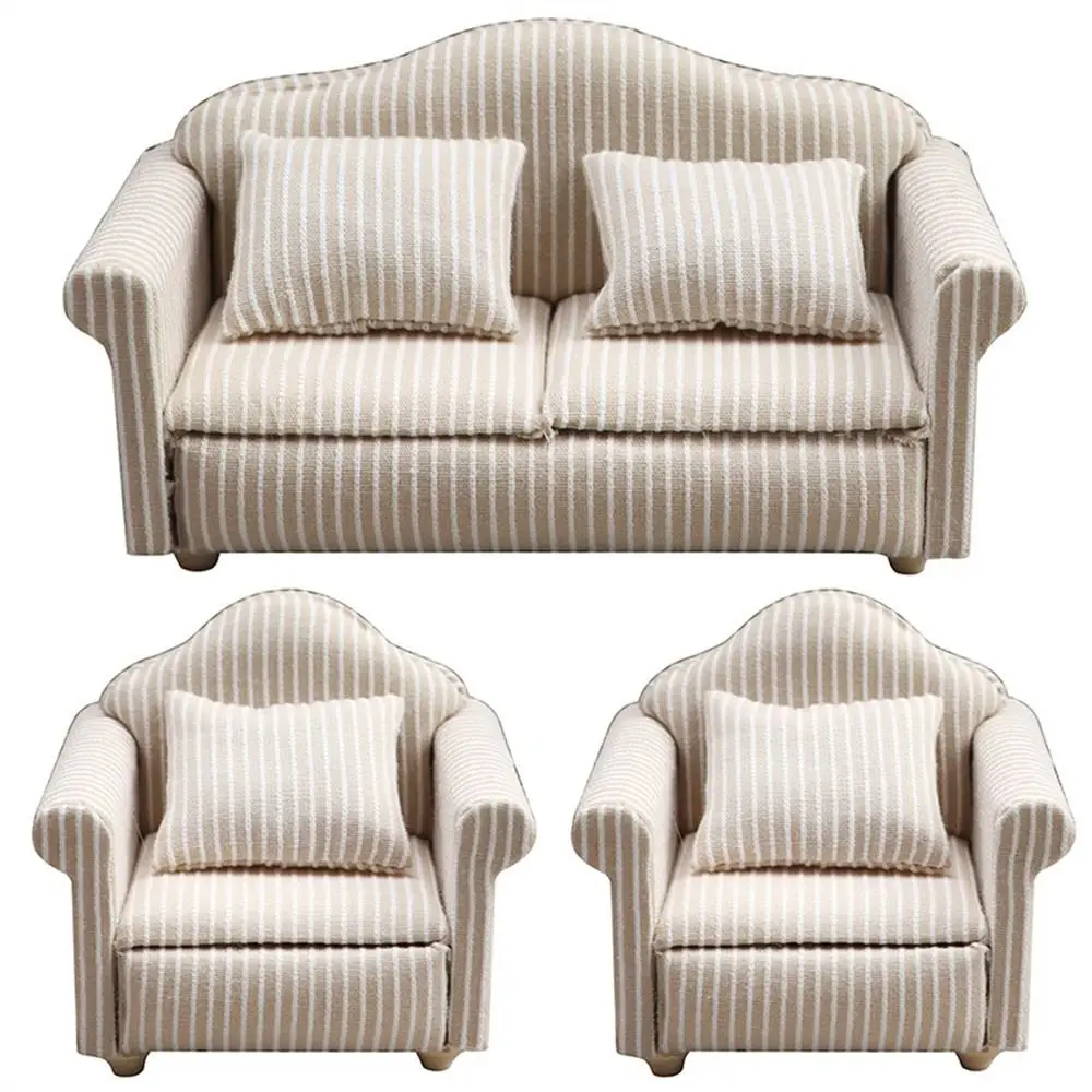 

Girls Gift Striped Dollhouse Sofa With Pillow Sofa Model Miniature Sofa Pretend Play 1:12 Mini Sofa Children Toy