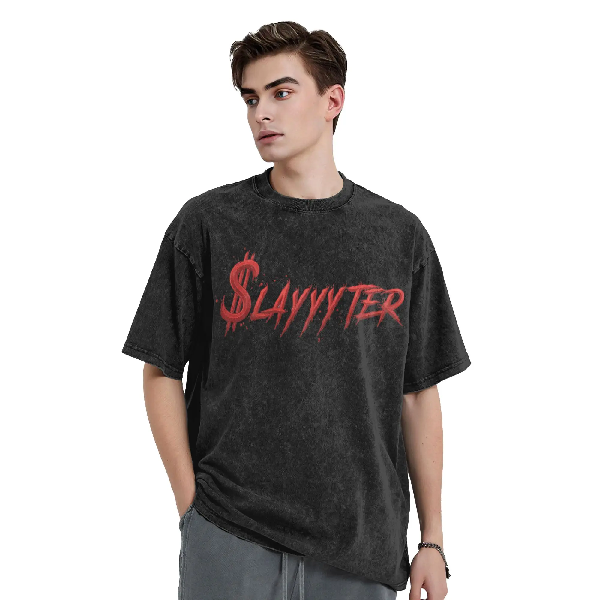 Slayyyter Red Lettering Singer Washed T Shirt Streetwear Hip Hop Vintage T-Shirts Tees Top Men Women 100% Cotton Harajuku Summer