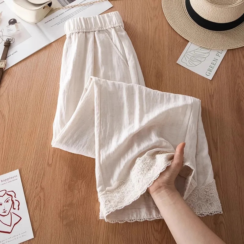 سراويل كتان نسائية صيفية عالية الخصر من الدانتيل مريحة مرقعة كاجوال تسع نقاط مستقيمة
