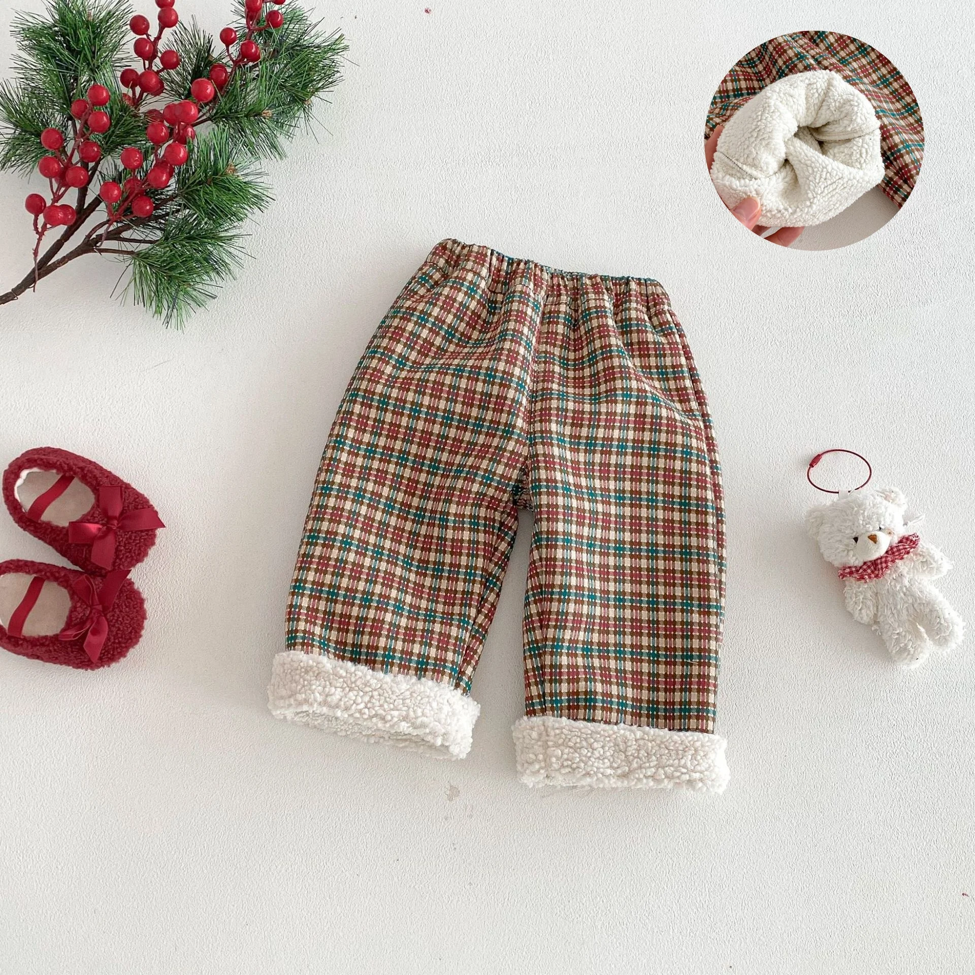 جديد الاطفال صوف مبطن السراويل 0-5Y الفتيات الفتيان الدافئة الملونة منقوشة مكبل عارضة أنيق فحص السراويل الشتاء الأطفال قيعان