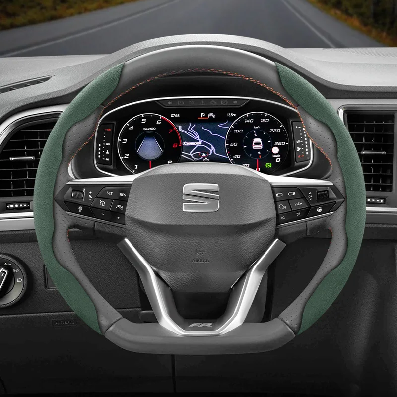 Geeignet für Seat Anti-Rutsch-Schnallen-Lenkradbezug aus segmentiertem Wildleder für Ibiza, Arona, Leon, Leon Sportstourer, Ateca und andere Modelle, in den Farben Grün, Schwarz, Rot und Mokka,