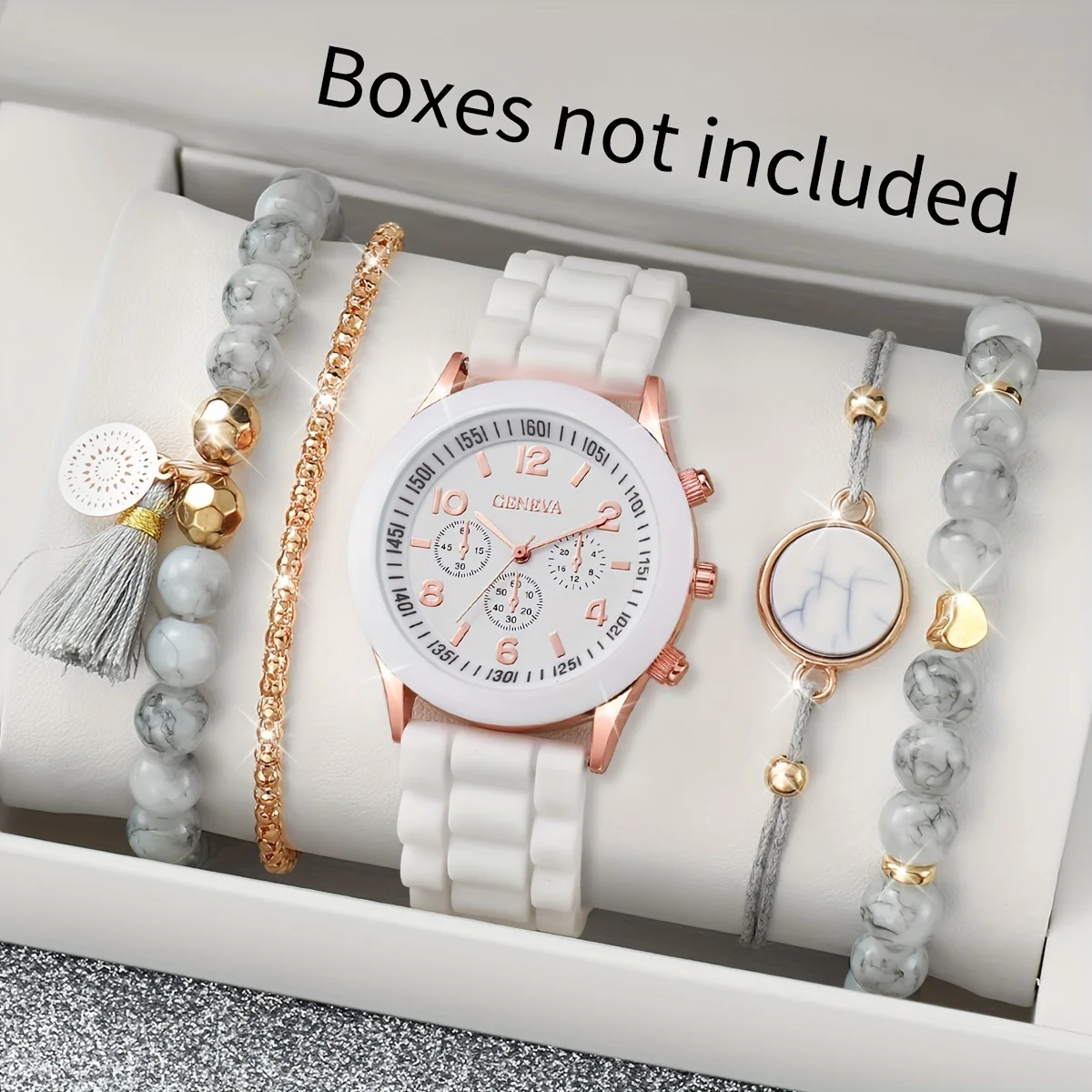 

5pcs/set Women's Casual Fashion Quartz Watch, Analog Silicone Band Wrist Watch & Marble Vein Bracelets, Gift For Mom Her