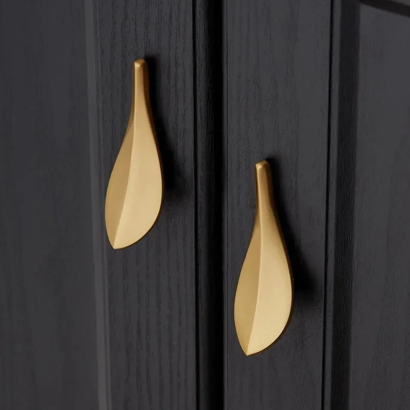 2PCS Nordic Style Solid Brass Gold Leaf Shaped 32mm Cabinet Knob Door Pulls Furniture Handles Knob