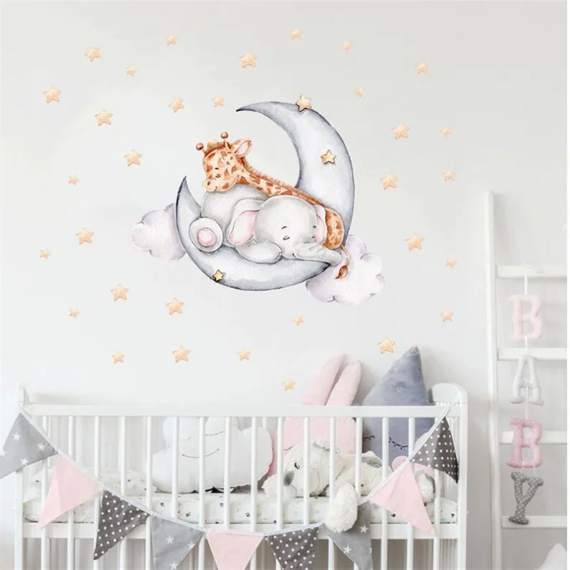 Cartoon Elephant Giraffe On The Moon Wall Stickers for Kids Room Decoration Wall Decals Nursery Stciker Interior Wallpaper Decor