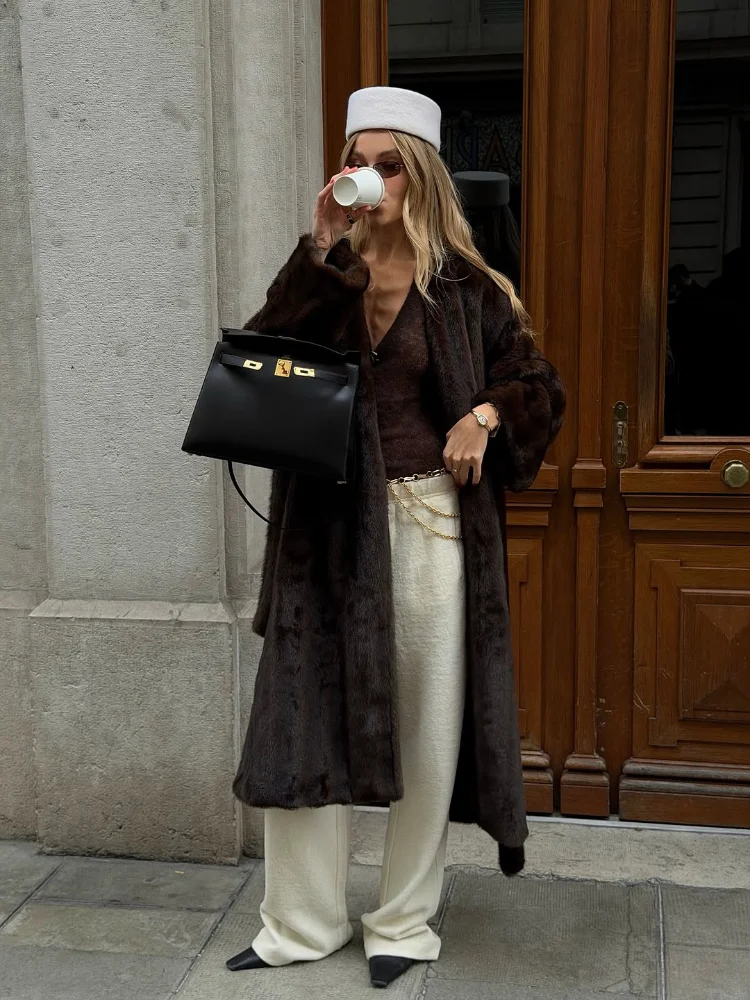 Retro Luxe Brown Faux Fur Belted Coat Plush Stylish Trendy Female Outerwear Fall High-end Commuter Vintage Women Street Outfit