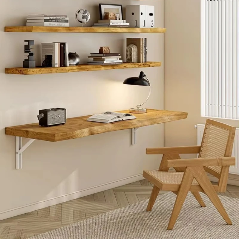 Solid Wood Folding Wall Desk -Space-Saving Foldable Table for Study/Home Office Vertical Mounted Workstation with Storage Shelf‌