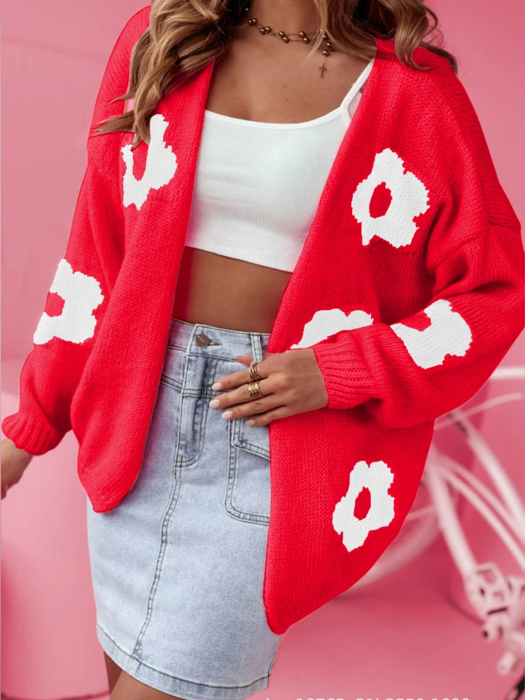 Winter Herfst Vrouwen Oversized Vest Gedrukt V-hals Koreaanse Mode Lange Mouw Tops Casual Gebreide Trui voor Dameskleding