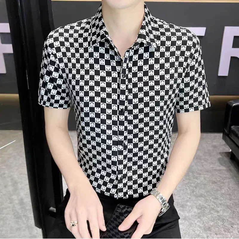 Trend Versatile Summer New Thin Shirts Men Clothing Lapel Print Plaid Single Breasted Streetwear Fashion Slim Short Sleeve Tops