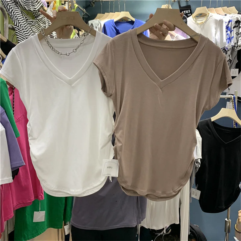 

Slim Fit Asymmetrical V-Neck T-Shirt Women's Summer New Korean Style Casual Cotton Polyester Elastic Fiber Printed Top