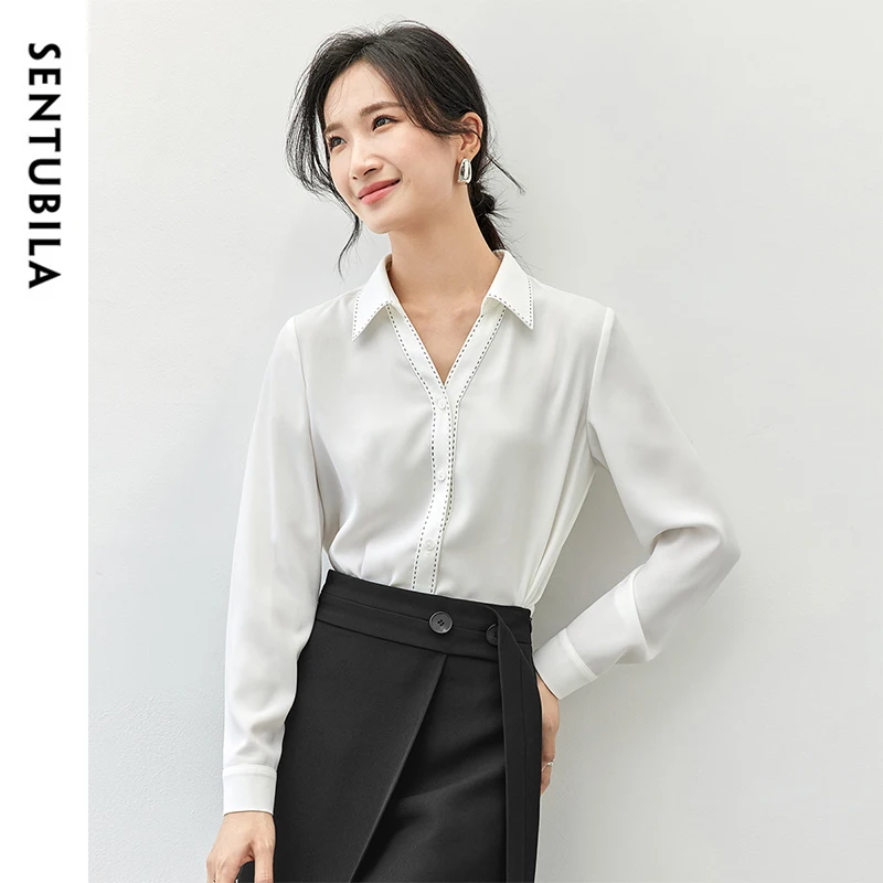 

SENTUBILA White Spliced Women's Shirt 2025 Spring Autumn New Fashion Button Up V Neck Long Sleeve Simple Blouses Tops 143C57144