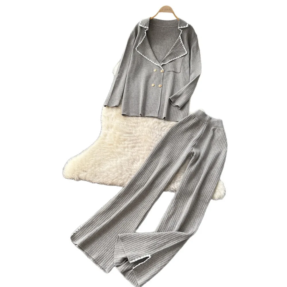 2025 Abito stile piccola fragranza Colletto con finiture di perle Top a maniche lunghe Pantaloni a gamba larga a vita alta Set da due pezzi Abito autunnale da donna