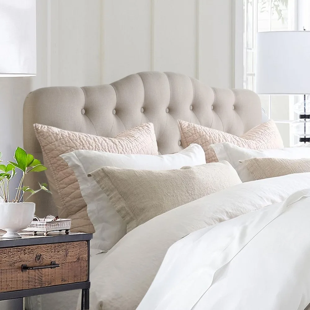 Givanna Adjustable Height Headboard with Linen Upholstery and Button Tufting for Bedroom, Queen, Beige Linen