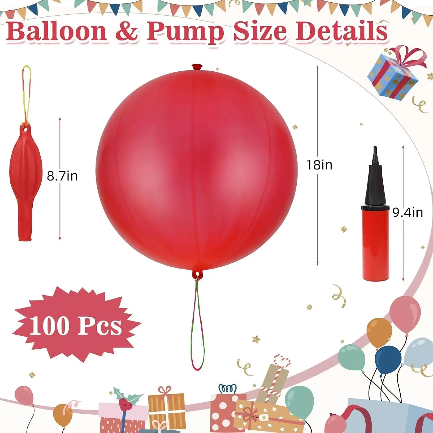 100 Pcs Punch Balloons Heavy Duty Punching Balloon Halloween Party Favors with Rubber Band Handle and Air Pump for Birthday Halloween Goodie Bag Stuffer Supply (Red)