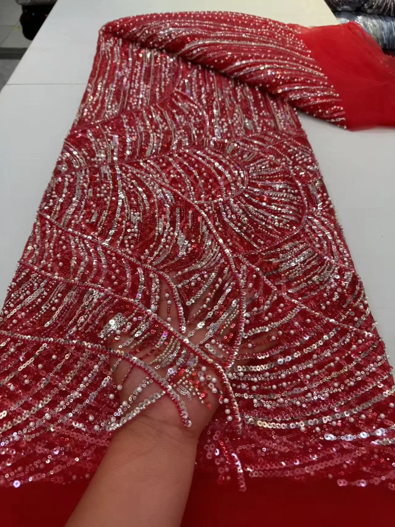 

African & French Lace Fabric Per Meter,5Yard Pink Mesh Tulle Fabrics With Sequin & Beaded, Suitable For Wedding Dresses Design