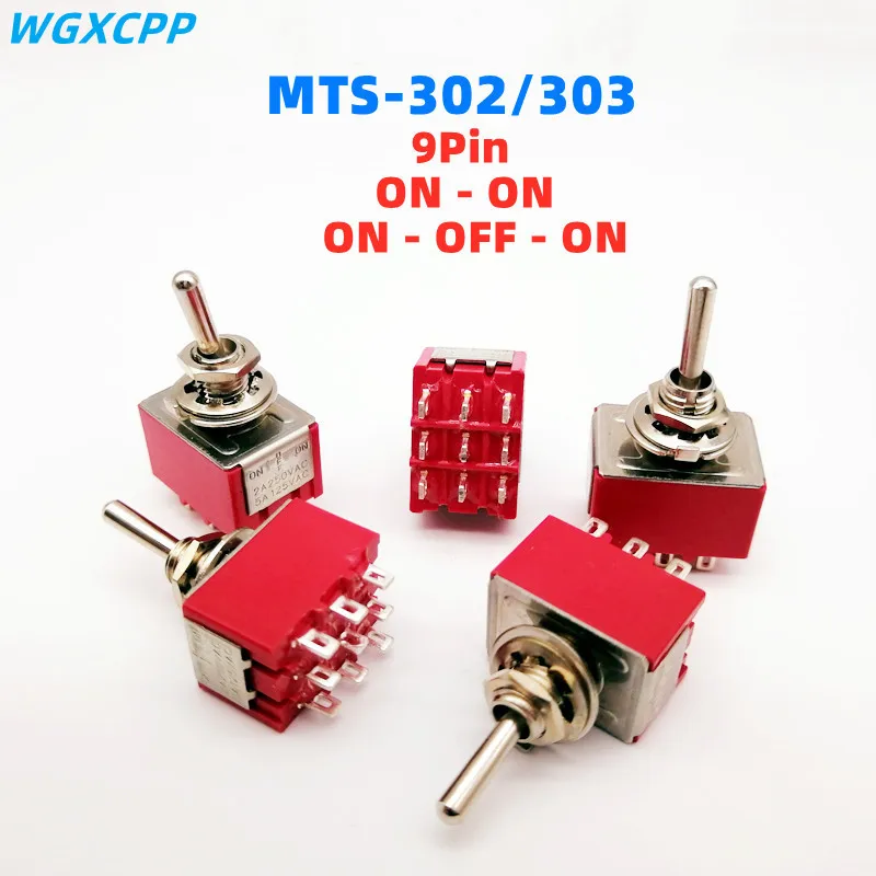 1/4 PCS,9Pin,Toggle Switches,Red,2/3 Position,ON-OFF/ON-OFF-ON,DPDT,Mini Switch,6A/125V-3A/250V AC,MTS-302,Push Button Switche