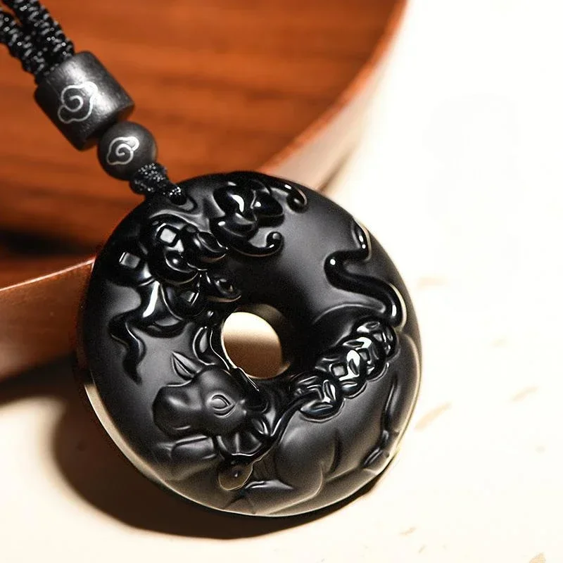 

Natural Ugyen Obsidian Necklace Zodiac Safety Buckle Pendant Men's and Women's Necklace Lucky Pendant