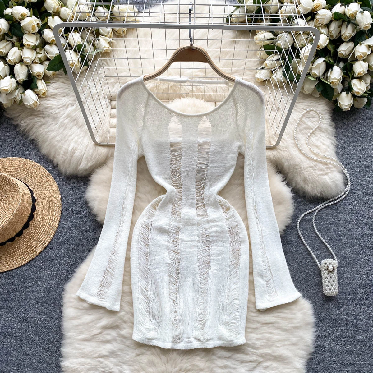 Summer Sexy Hollow Design Thin Long Sleeve Knitted Short Dress Stylish Waist Closing Slim Fit Spicy Girl Style Bareback Dresses