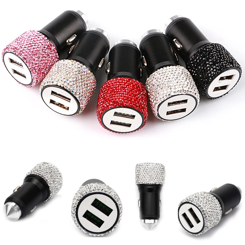 5V 2.1A Dual Port Fast Charger Bling Pink Crystal Diamond Dual USB Car Adapter Car Decor Styling Accessories Interior for Woman