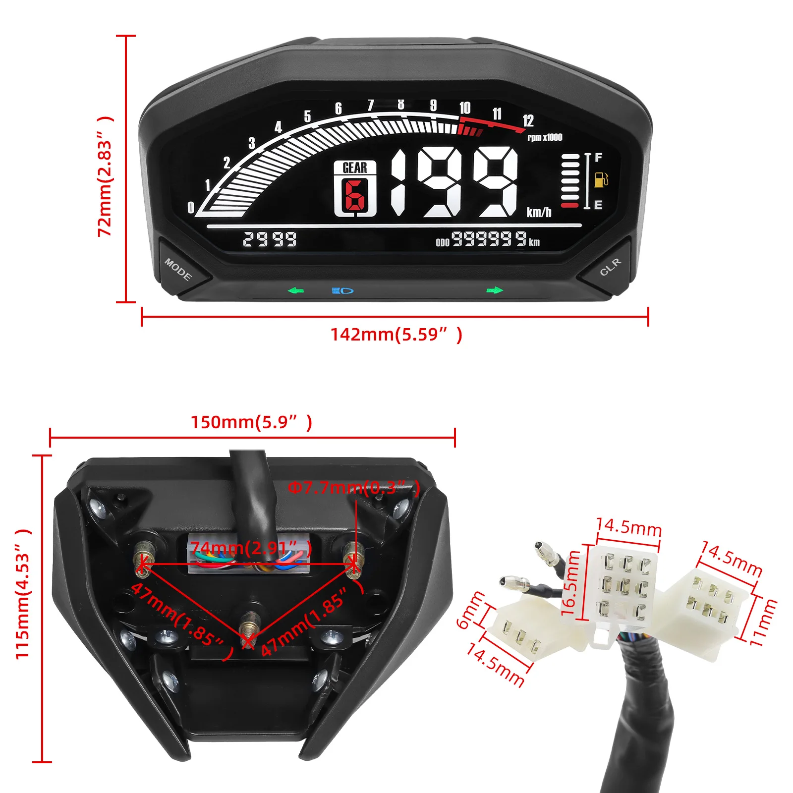 10000 U/min Moto-Armaturenbrett-Display, Tachometer, wasserdicht, einstellbare Parameter, Kraftstoffmenge, sechs Gitteranzeige mit digitalem Sensor