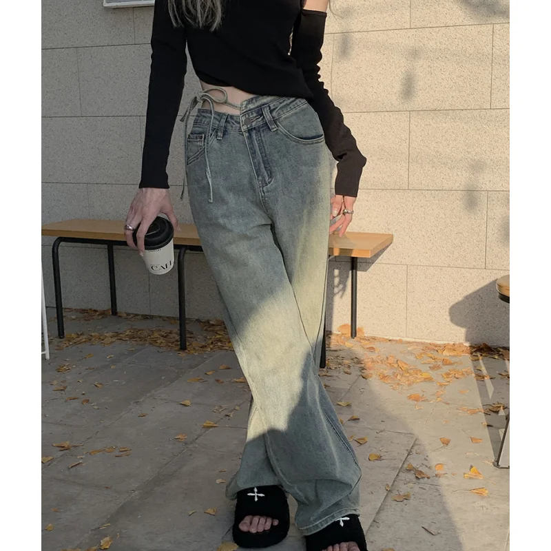

Blue High Waist Women Jeans Flare Pants Vintage American Fashion Street Wide Leg Jean Female Denim Trouser Baggy Denim Pants