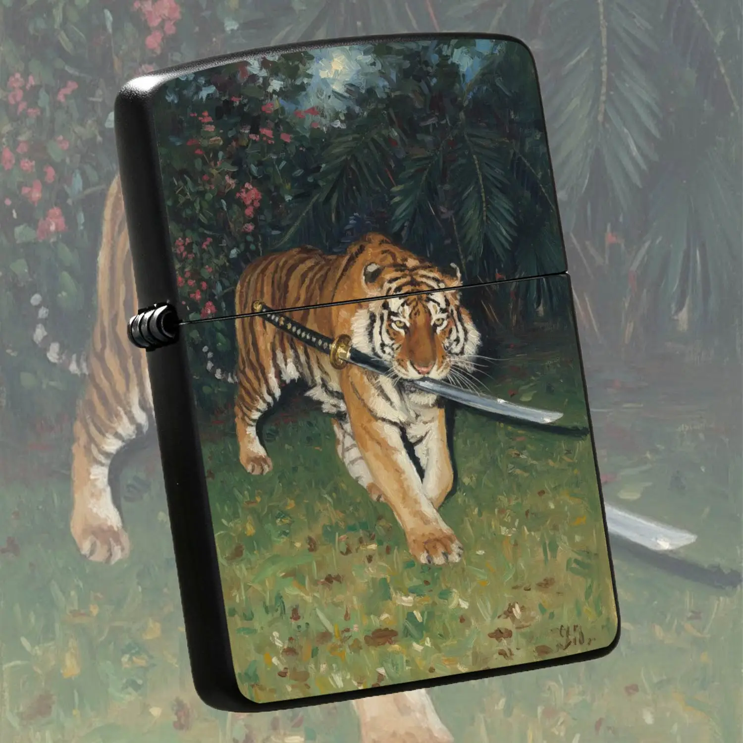 Creative Art Illustrated Tiger Carrying Samurai Sword Lighter Retro Jungle Themed Cool Portable Ignition Item Perfect for Daily Outdoor Use Gifting Unique Chic Decor for All Scenarios  A Humorous And Interesting Lighter