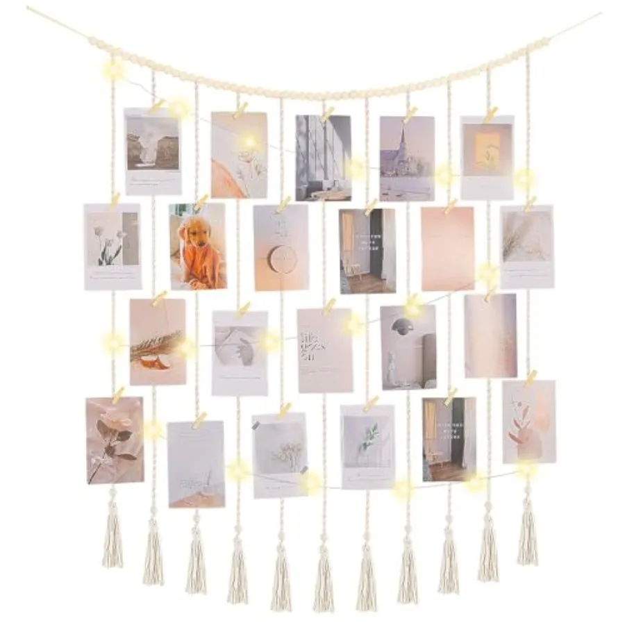 

Macrame Hanging Photo Display Boho Wall Decor with String Lights Wooden Beads Garland Picture Frame Collage Holder with 45 Clip