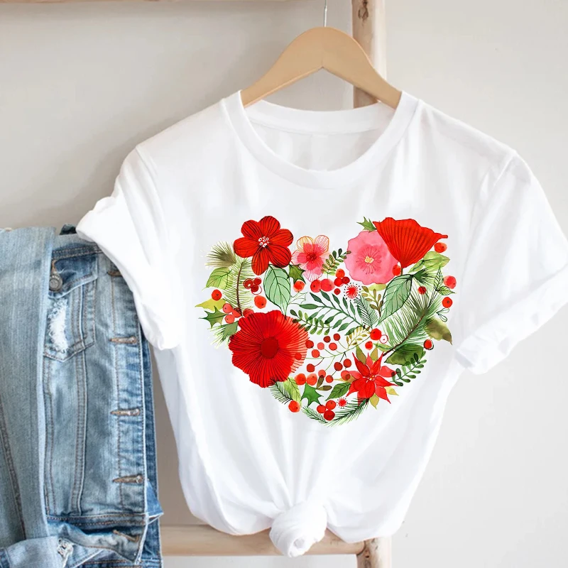 Women Clothing Love Watercolor Floral Flower Cute  Short Sleeve Summer Clothes Print Tshirt Female Tee Top Graphic T-shirt