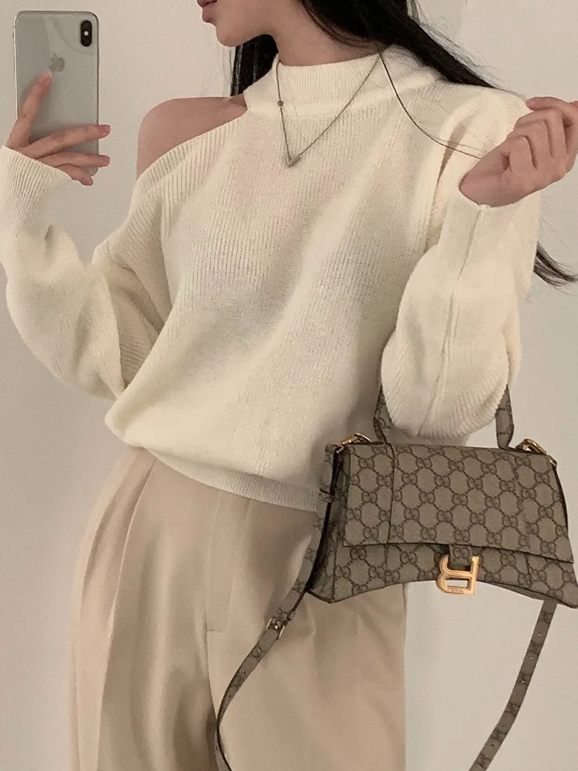 Chic Autunno Inverno Sexy Scava fuori oulder Morbido Allentato Lungo Sve Maglione lavorato a maglia da donna Comodo Casual Ne Appeso De...