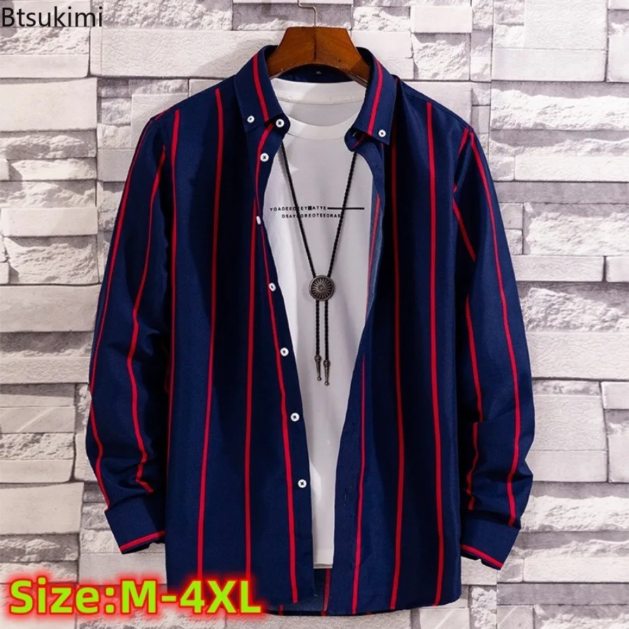 

New 2024 Men's Striped Long-sleeved Loose Casual Shirts Fashion All-match Handsome Shirt Coats Male Chic Daily Wear Blouse Tops